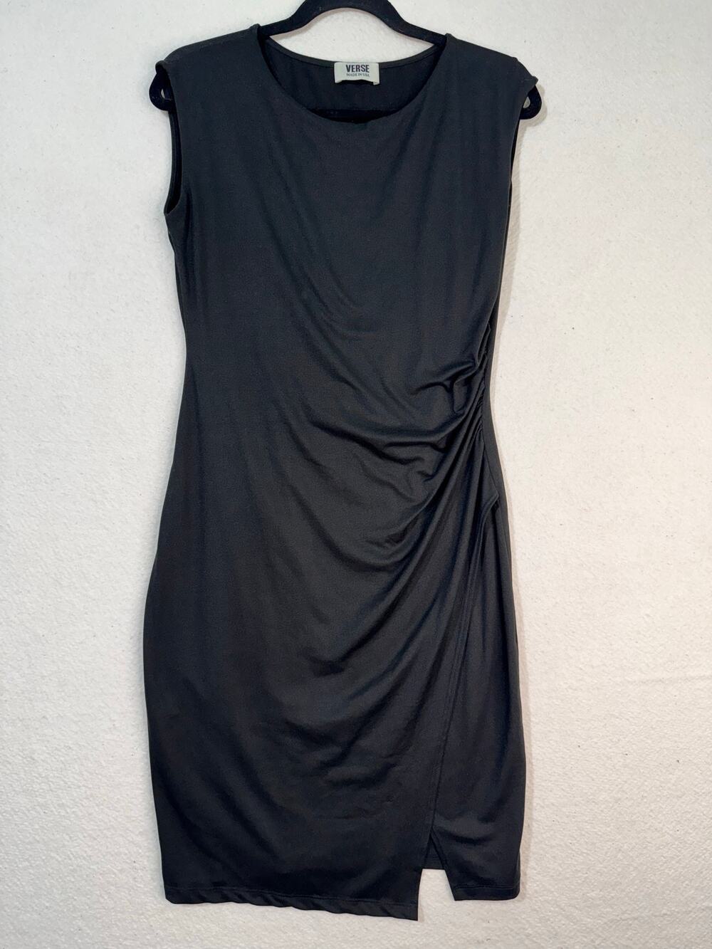 Verse Stitch Fix Side Ruched Faux Wrap Black Cocktail Dress Stretch Knit Medium